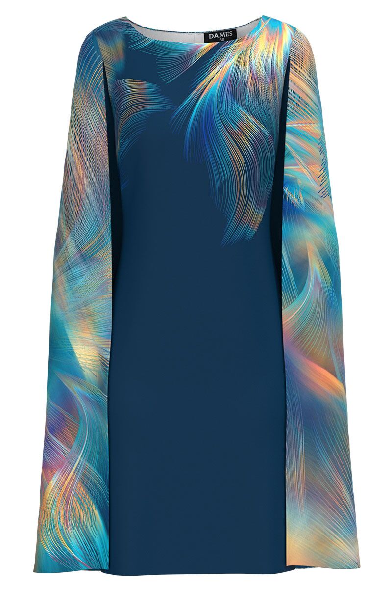 Rochie DAMES bleumarin eleganta cu pelerina imprimata multicolor 