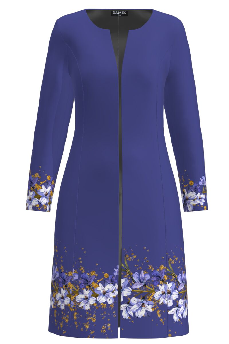 Jacheta de dama albastru violet lunga imprimata cu model floral