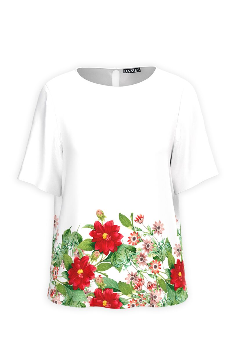 Bluză DAMES  alba de vara cu mâneci scurte si imprimeu digital floral 