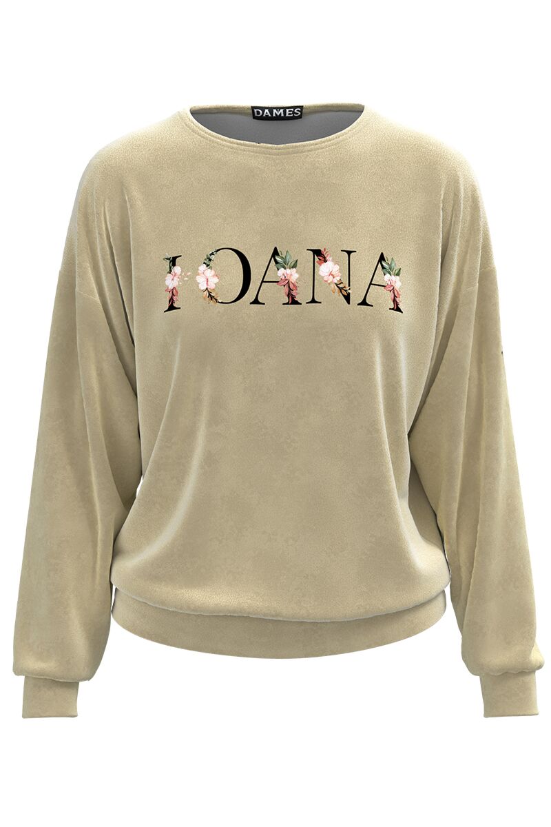 Bluza bej tip hanorac din catifea cu imprimeu personalizat IOANA CMD2098