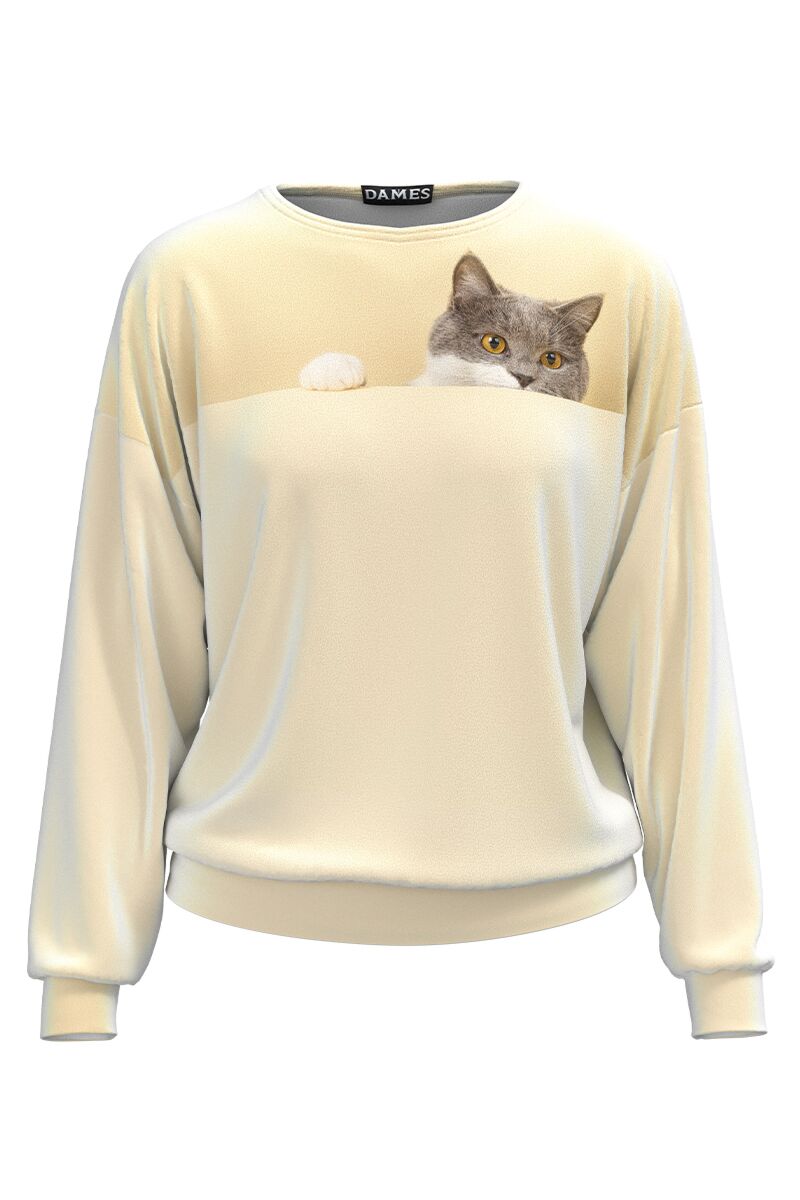 Bluza bej tip hanorac din catifea cu imprimeu Pisica CMD3740