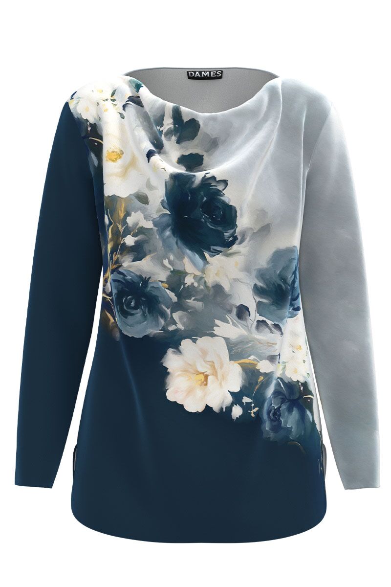 Bluza dames bleumarin in degrade din catifea cu imprimeu floral  