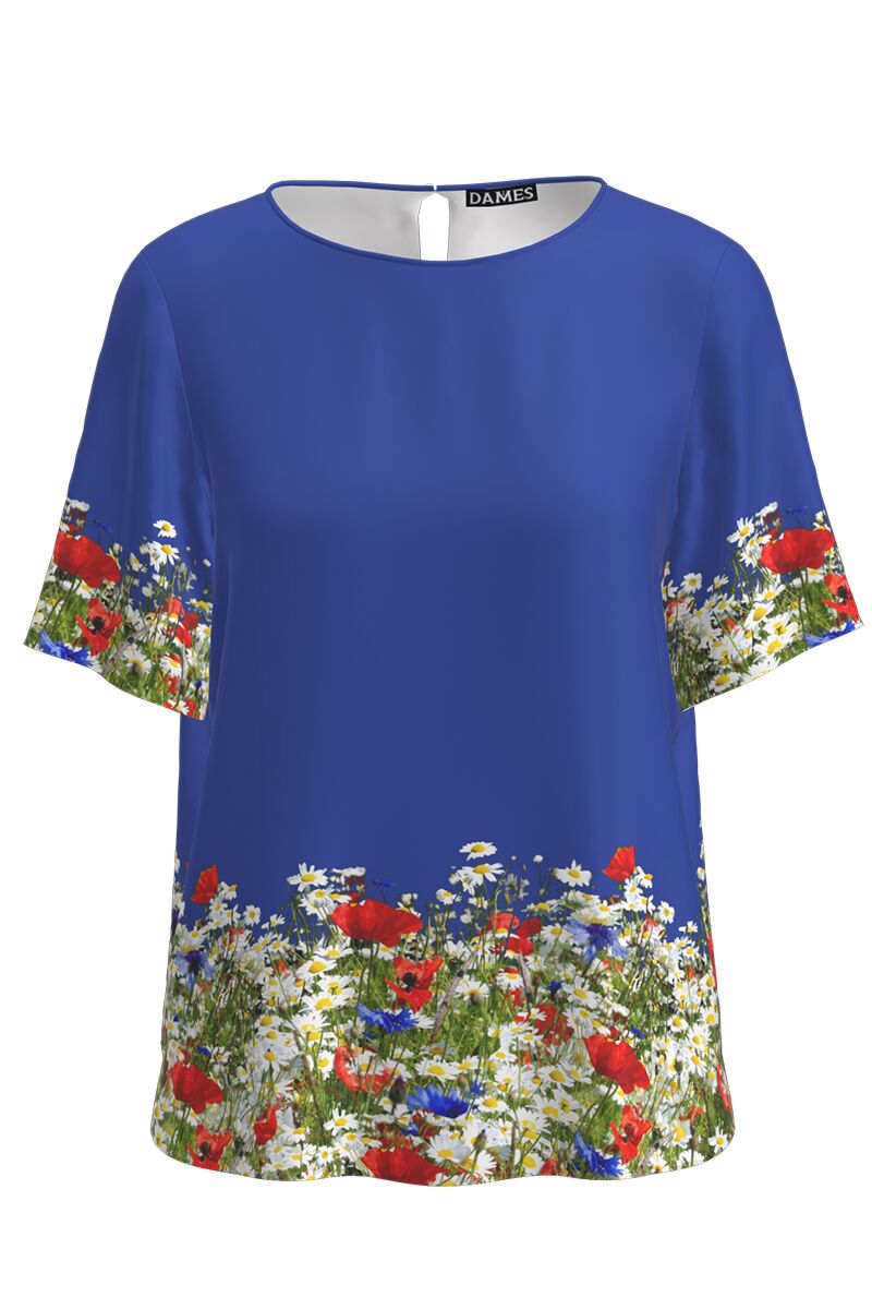 Bluza DAMES  albastra cu maneca scurta imprimata flori de camp 