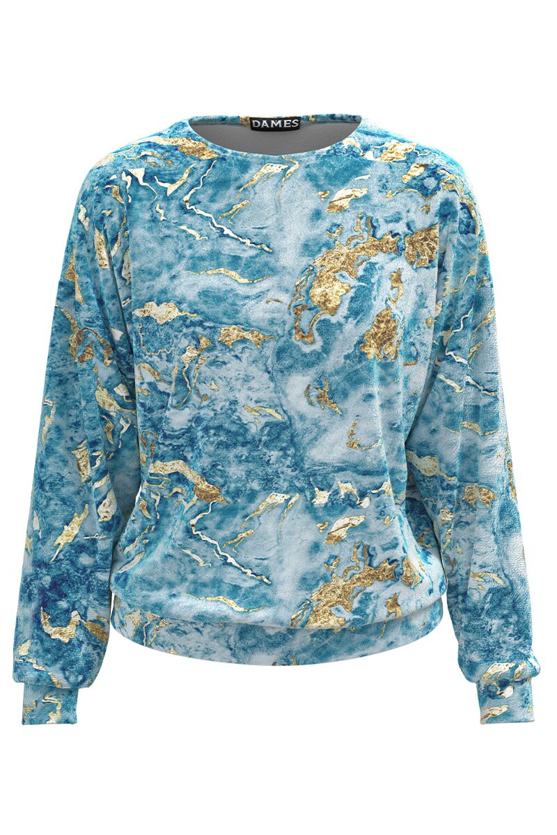 Bluza bleu tip hanorac din catifea cu imprimeu abstract CMD1781