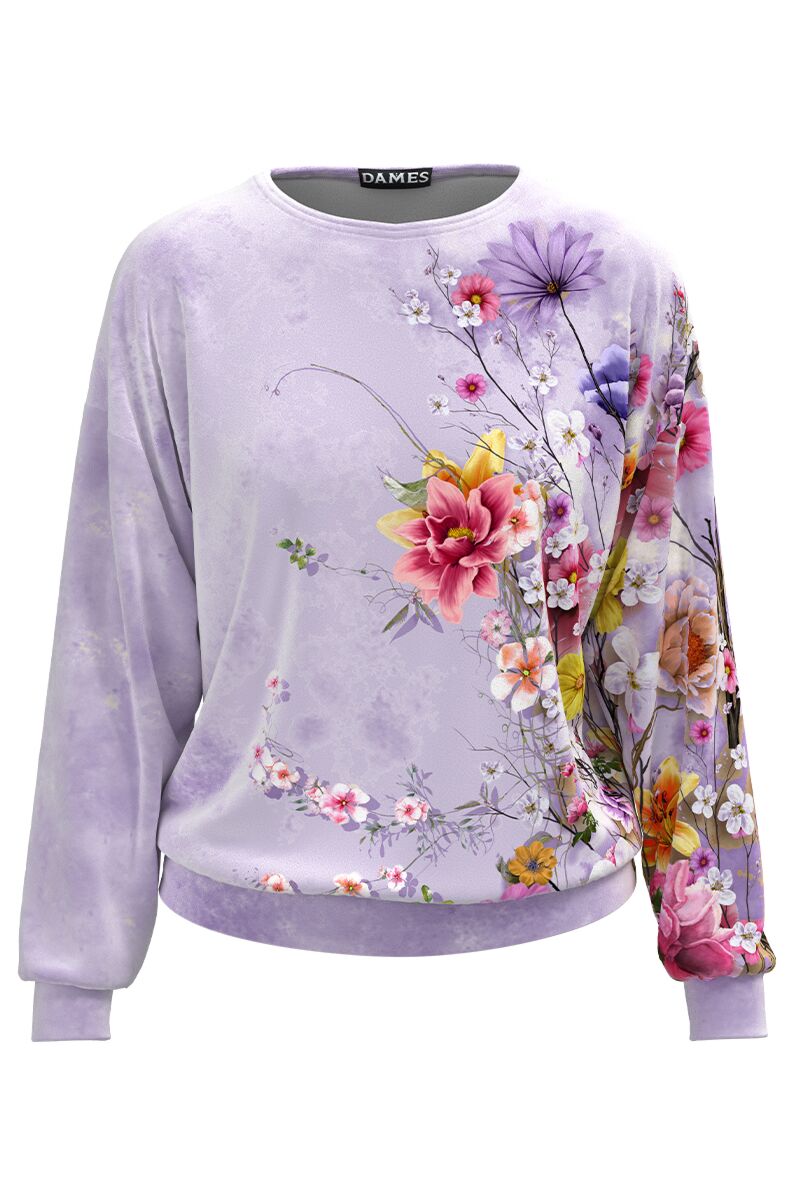 Bluza DAMES lila tip hanorac din catifea cu imprimeu floral 