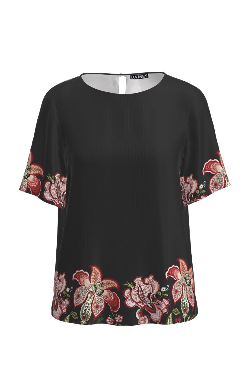 Bluza neagra cu maneca scurta imprimata cu model floral CMD2860