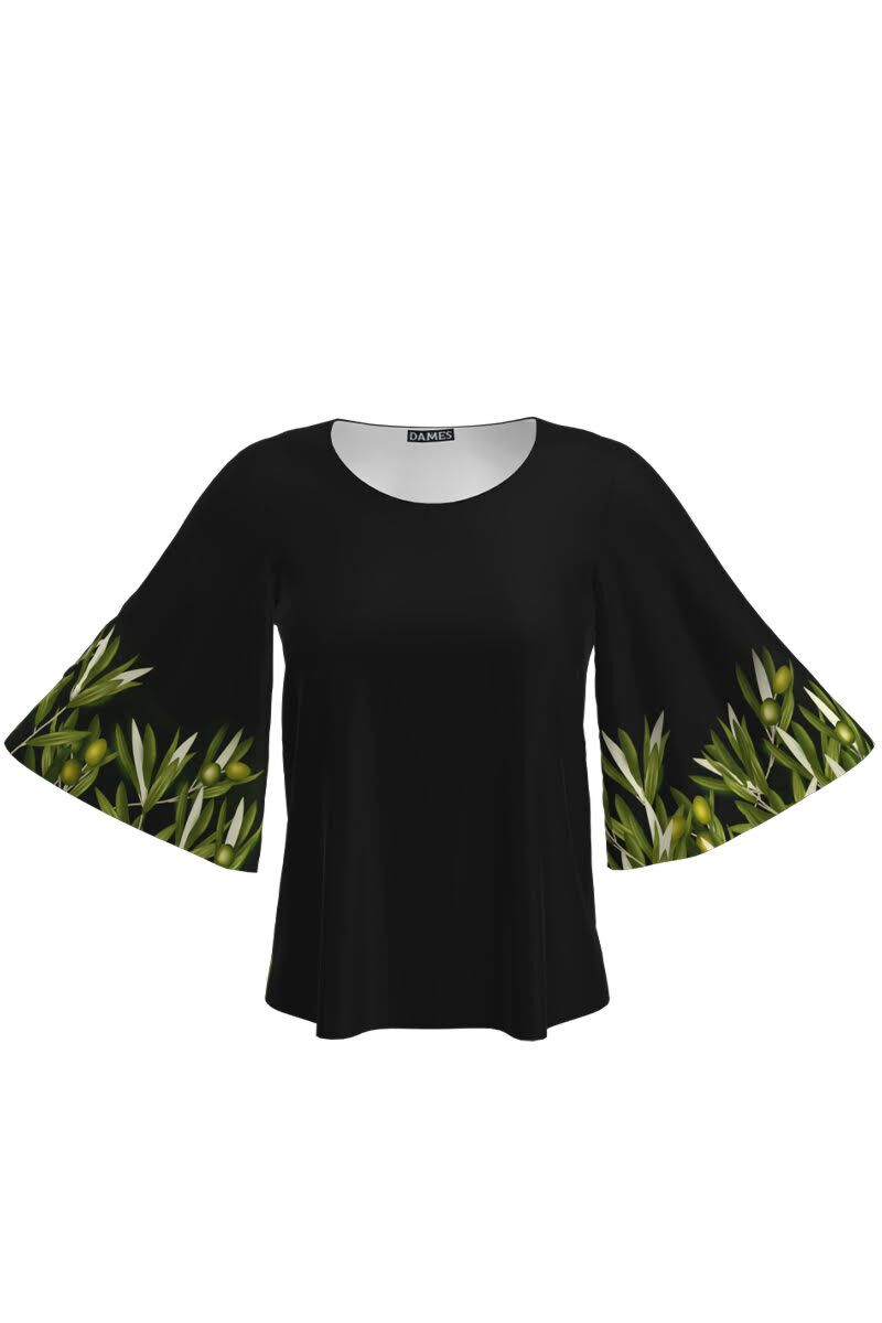 Bluza neagra cu maneci tip fluture imprimata ramuri de maslin  CMD3456