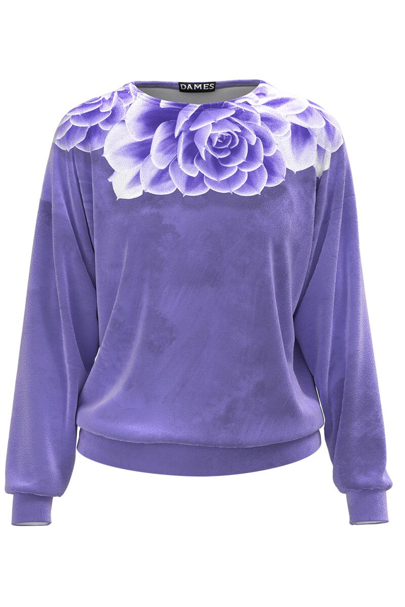 Bluza DAMES violet  tip hanorac din catifea cu imprimeu floral 
