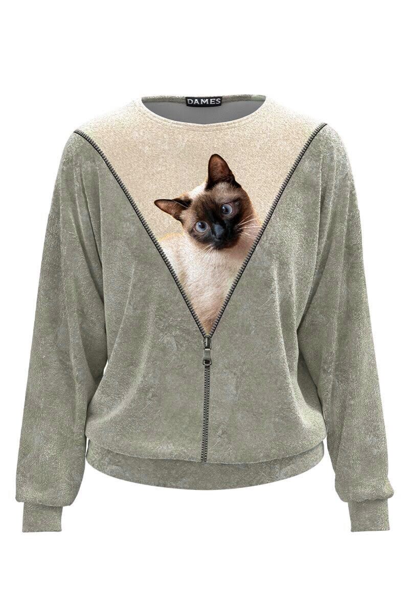 Bluza tip hanorac din catifea cu imprimeu Pisica CMD3796