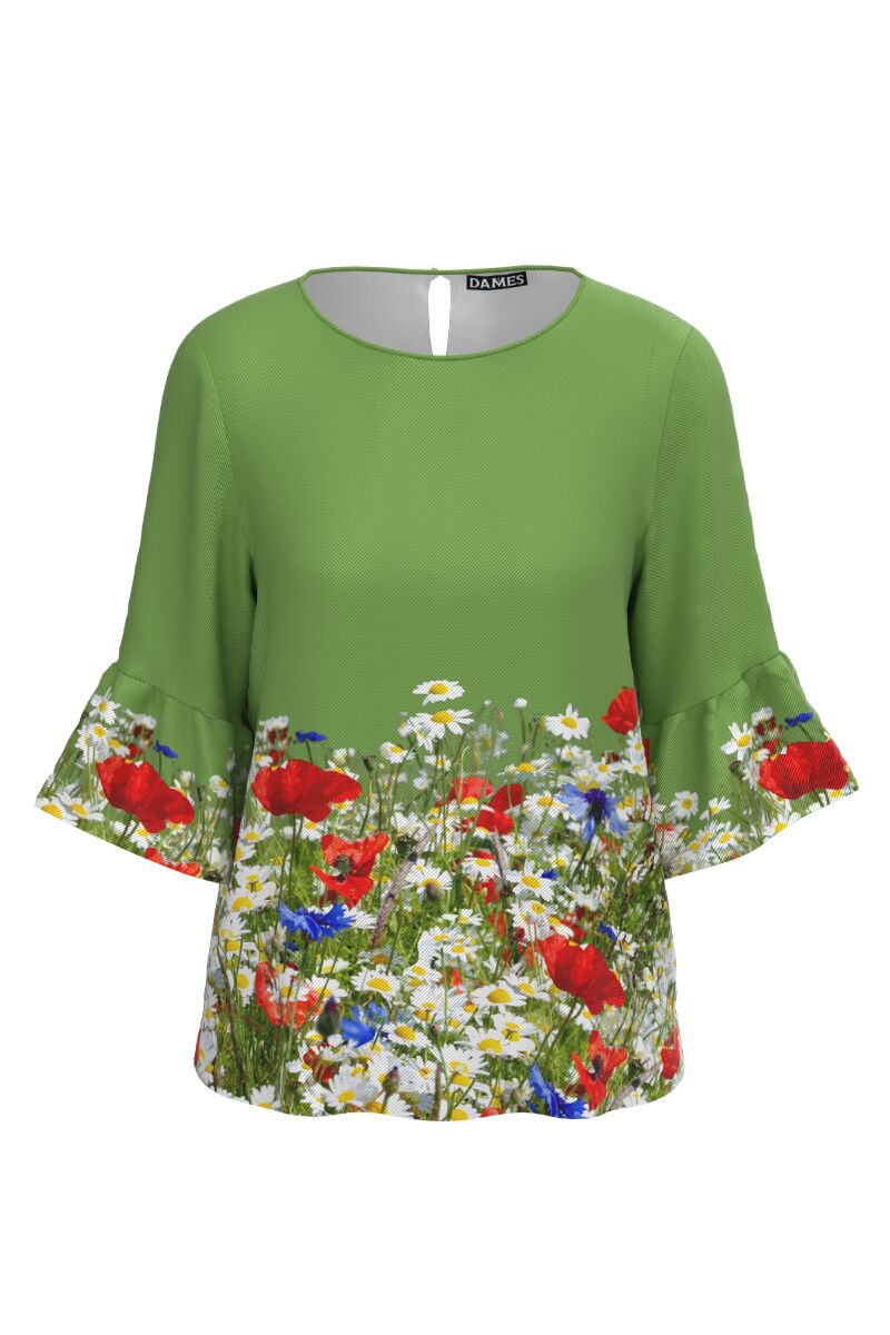 Bluză  DAMES verde imprimata digital cu flori de camp