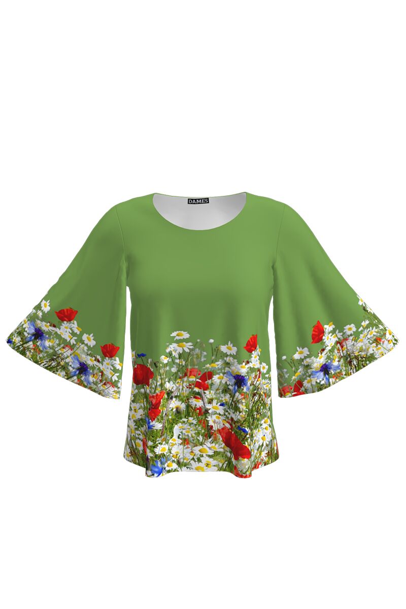 Bluza verde cu maneci tip fluture imprimata flori de camp CMD1510