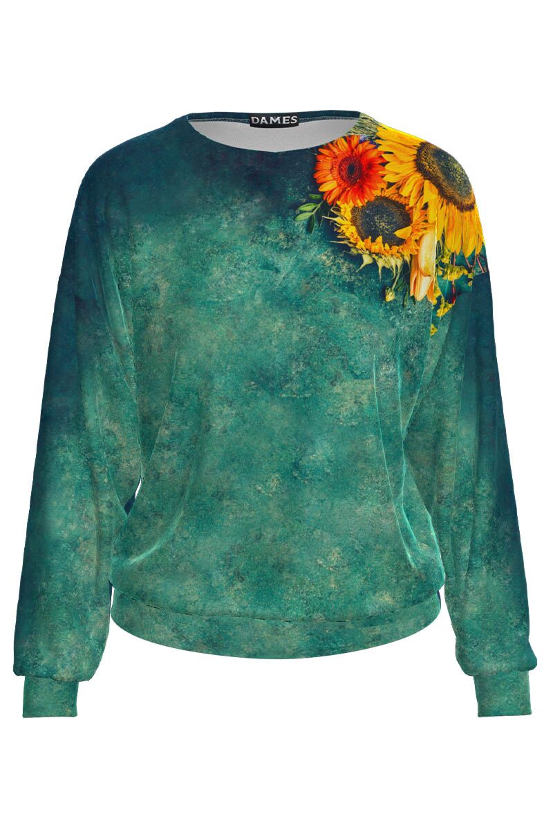 Bluza DAMES verde tip hanorac din catifea cu imprimeu Floarea soarelui 