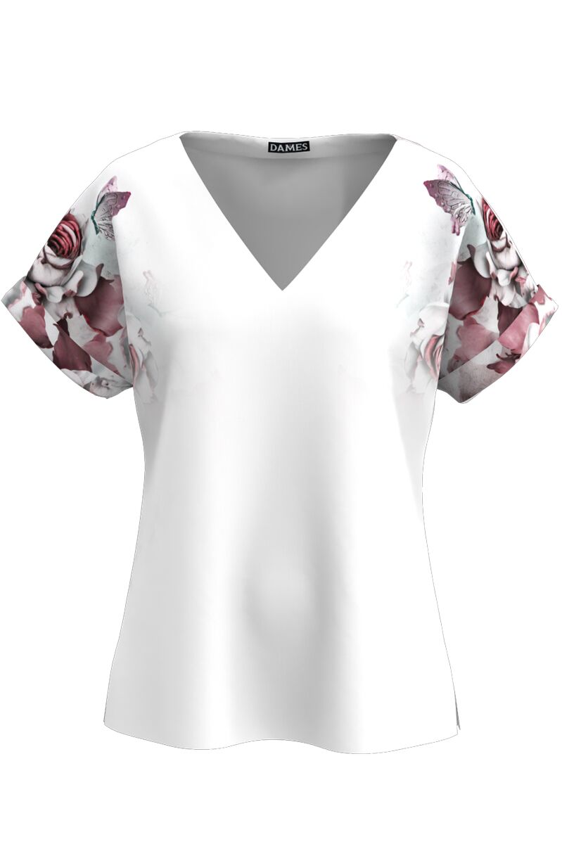 Bluza de vara alba cu maneca raglan imprimata cu model floral CMD3165