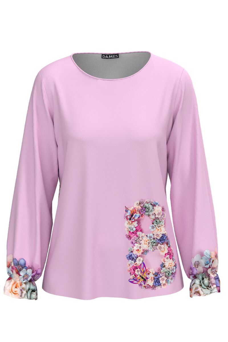 Bluza lila cu maneca lunga imprimata cu model floral martisor