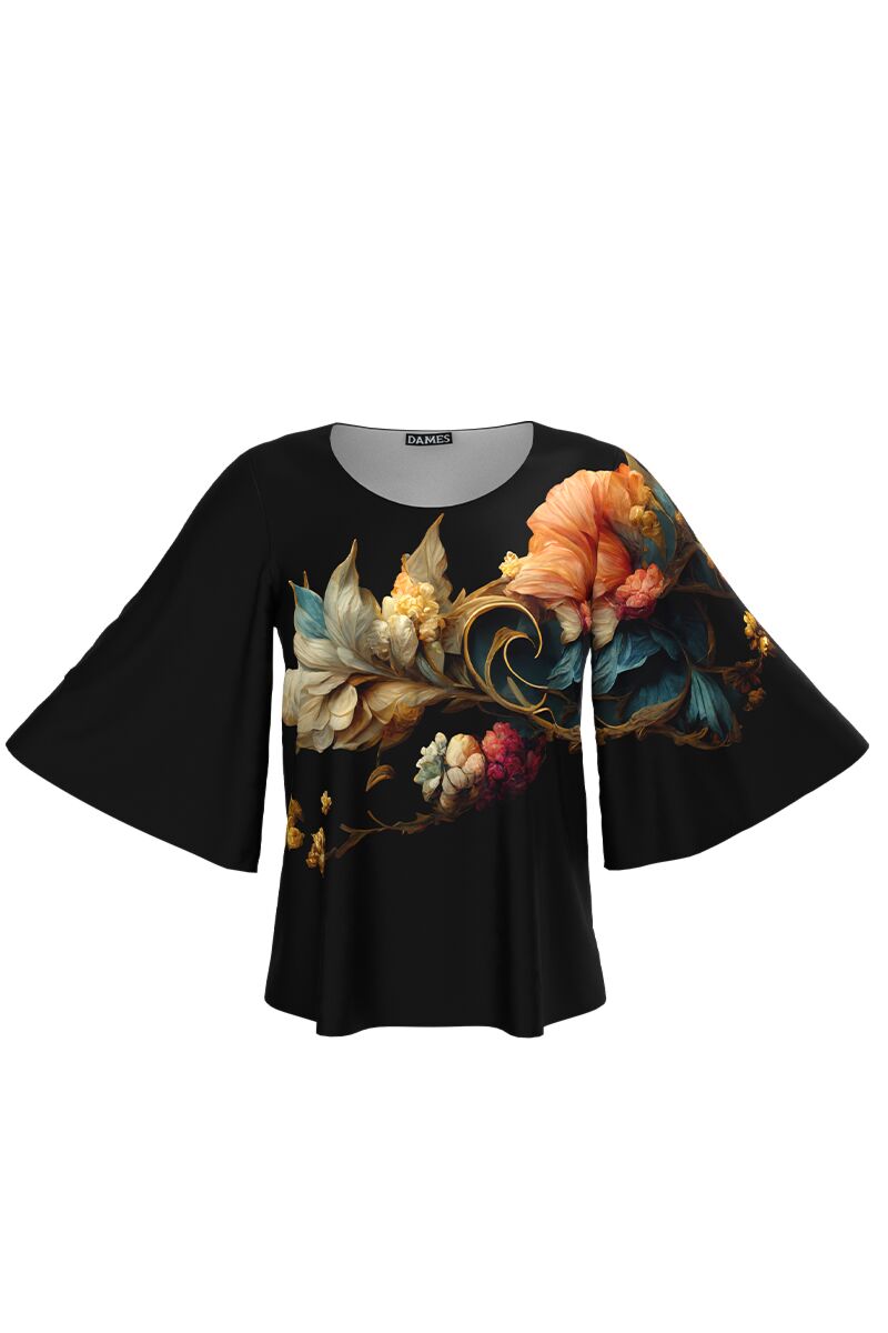 Bluza neagra cu maneci tip fluture imprimata cu model floral   CMD4421