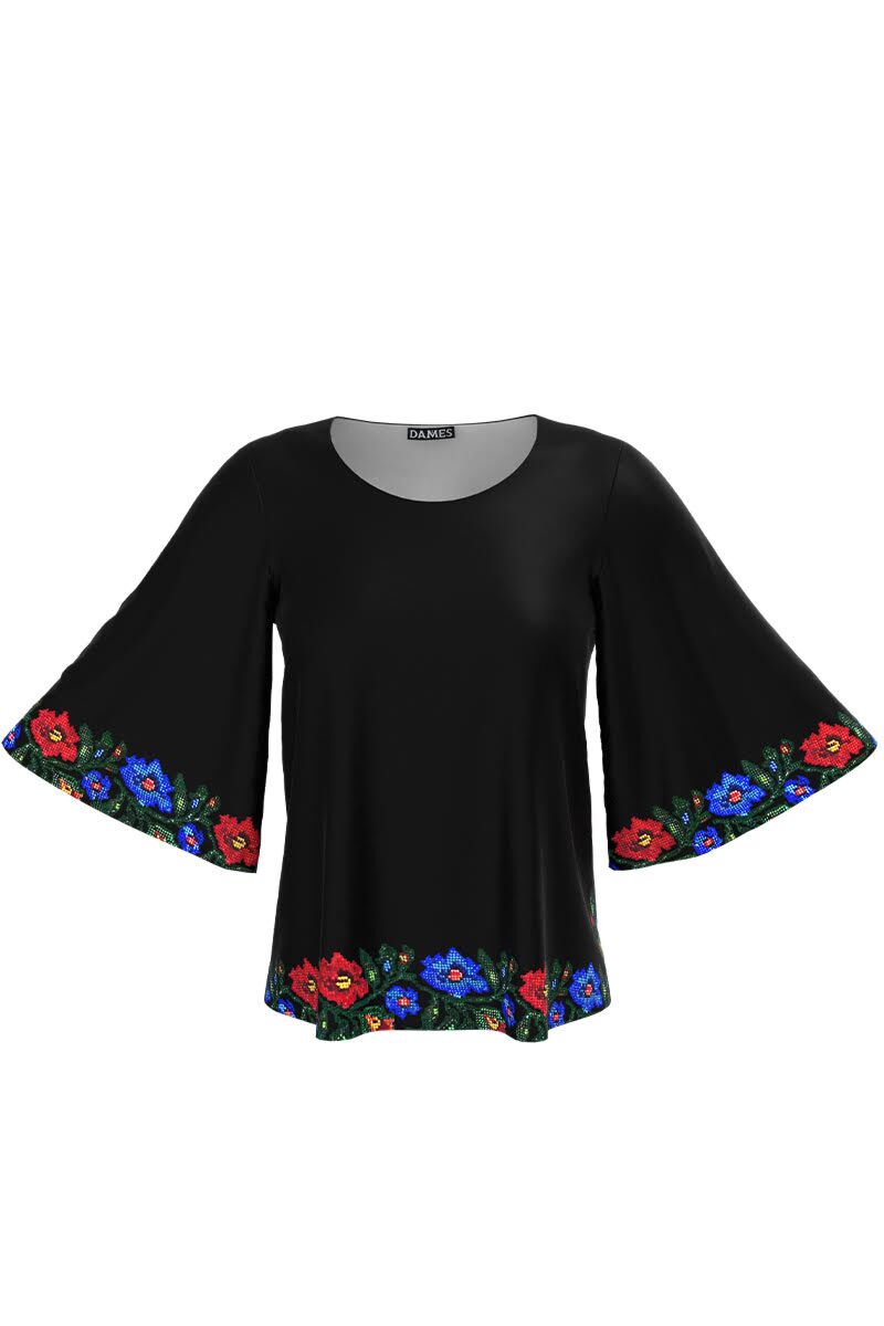 Bluza neagra cu maneci tip fluture imprimata cu motive traditionale CMD3425