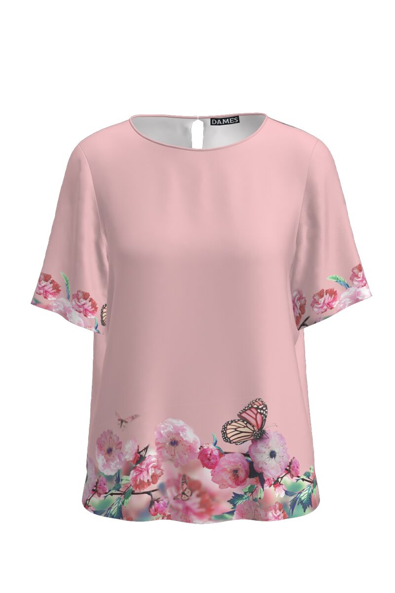 Bluza roz cu maneca scurta imprimata cu model floral CMD2695