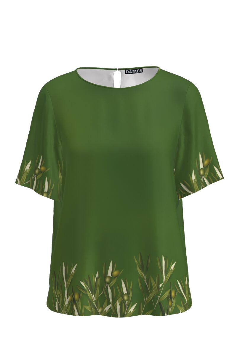 Bluza verde cu maneca scurta imprimata cu model ramuri de maslin  CMD3028