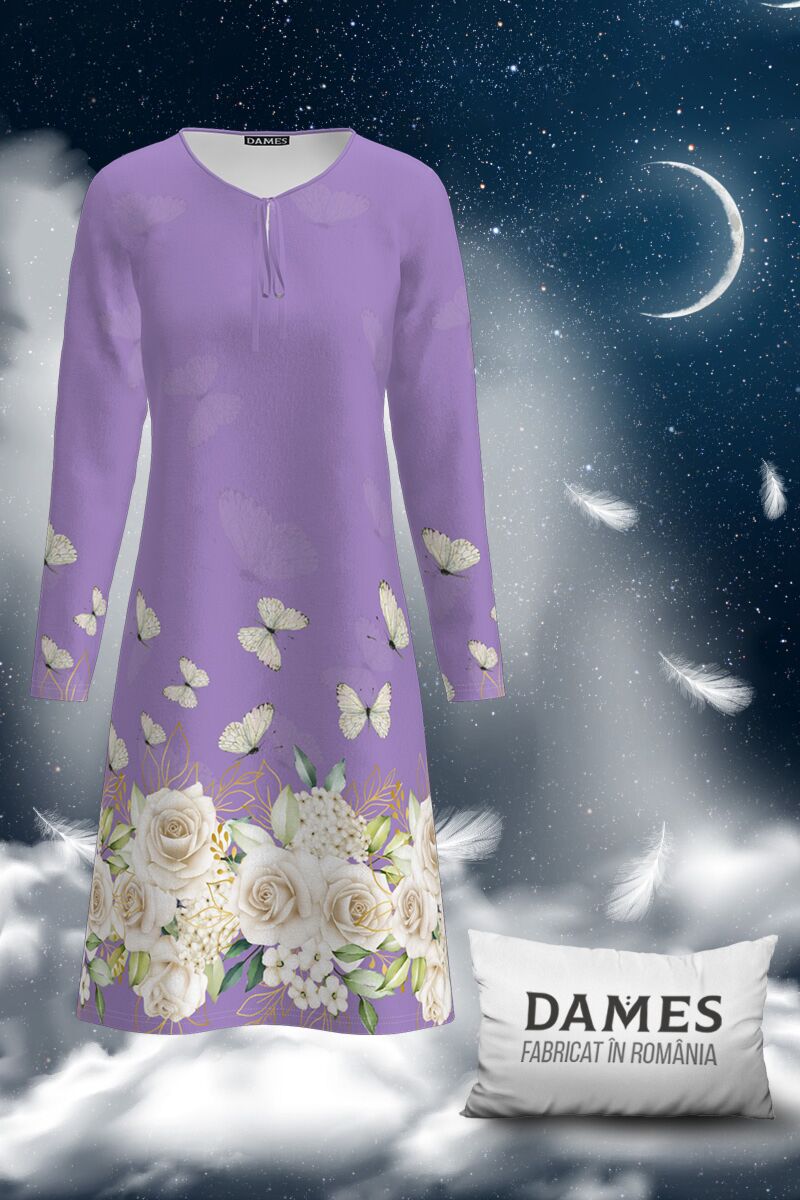 Camasa de noapte lila imprimata cu model floral CMD1901