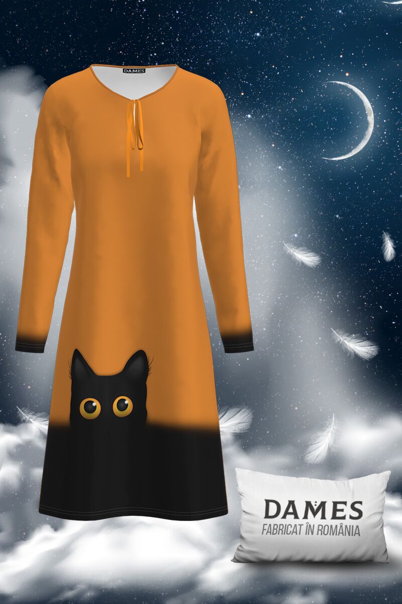 Camasa de noapte portocalie imprimata Black Cat CMD1903
