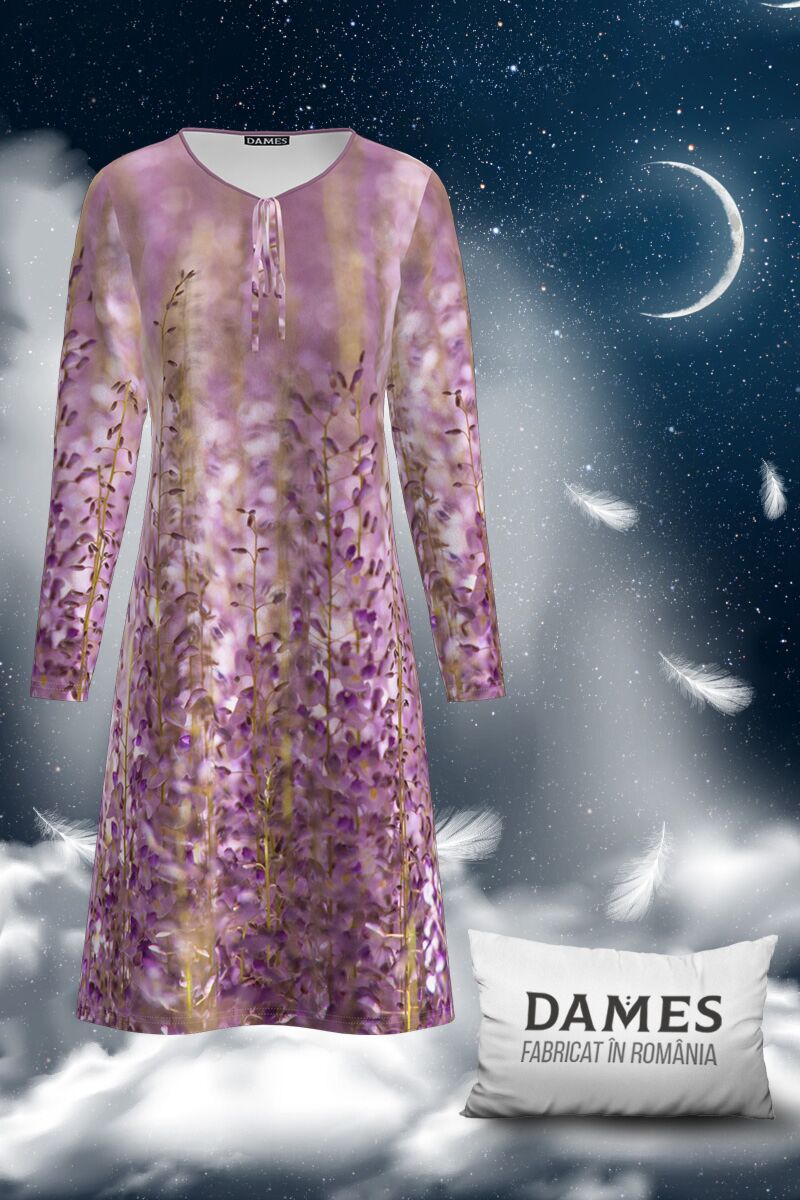 Camasa de noapte violet imprimata cu model floral CMD1898
