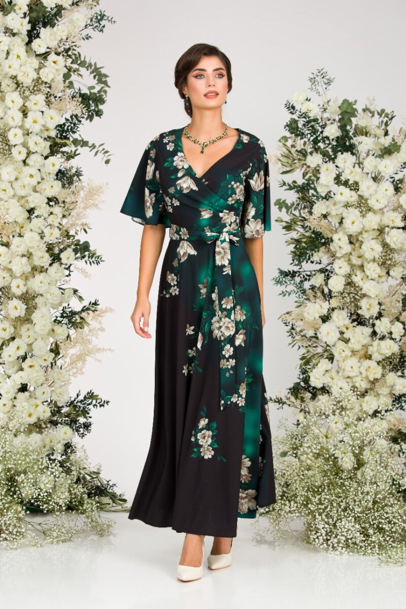 Rochie neagra lunga eleganta de seara imprimata cu model floral  CMD2595
