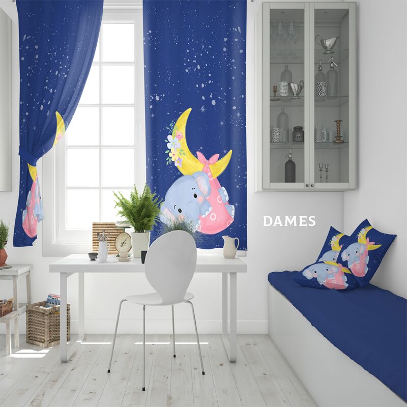 Draperie camera copii albastra din satin imprimata cu model Elefant