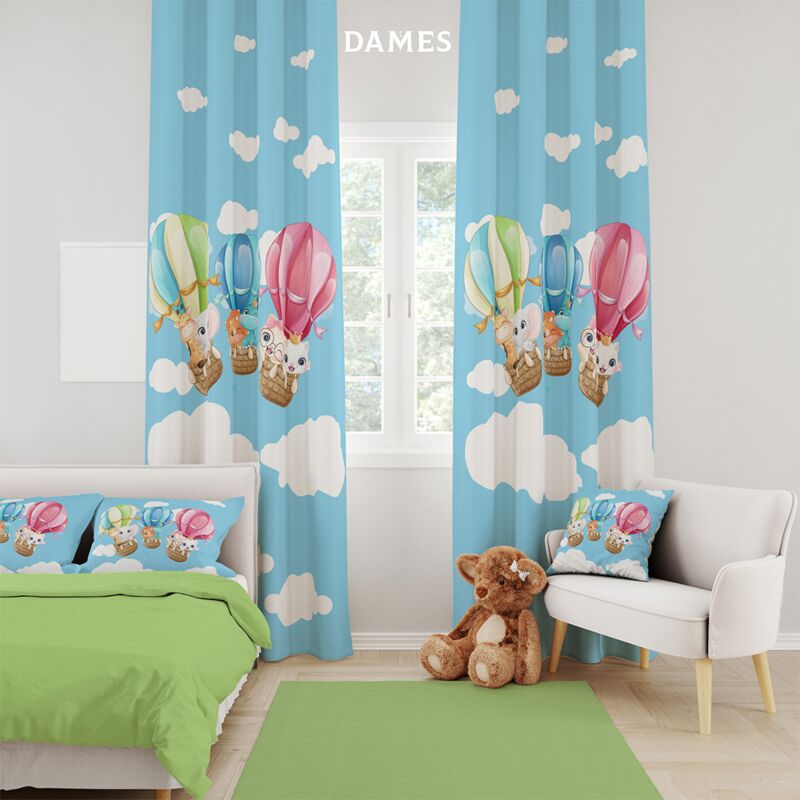 Draperie camera copii bleu din satin imprimata cu model Lumea copiilor CMD2011