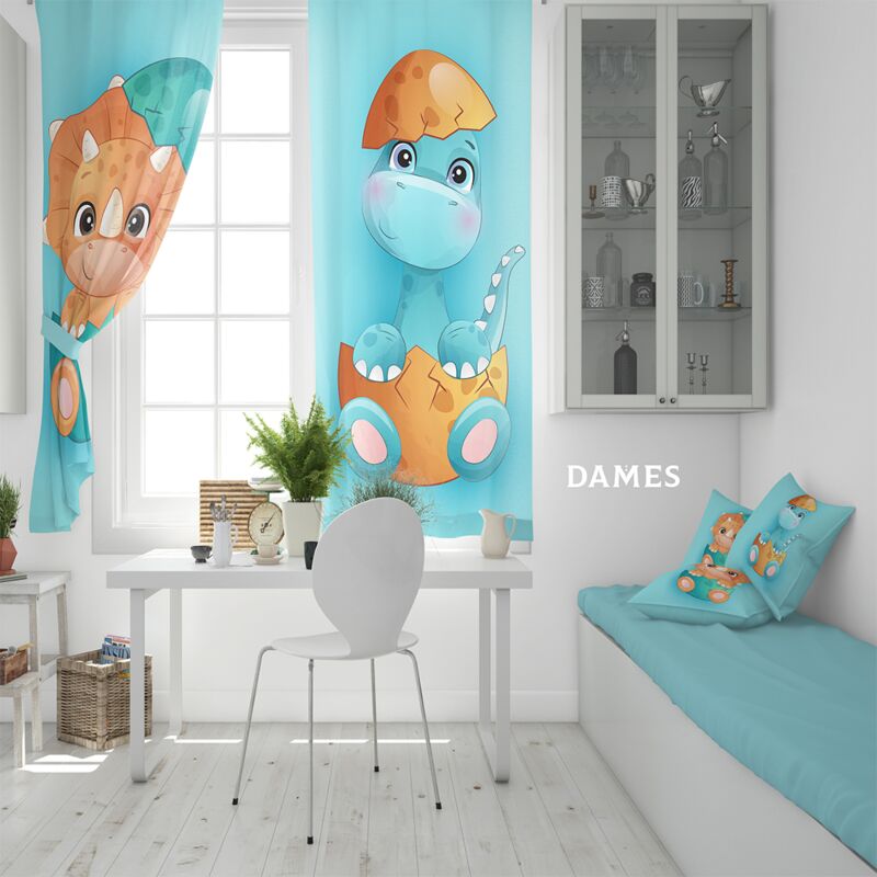 Draperie DAMES camera copii bleu din satin imprimata cu model Rino Dino 