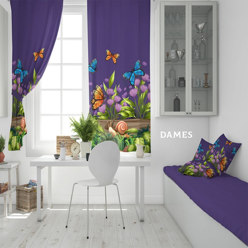 Draperie DAMES camera copii violet din satin imprimata cu model Fluturi 