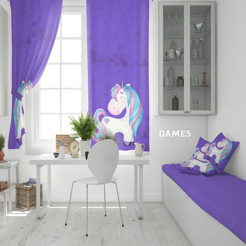 Draperie DAMES camera copii violet din satin imprimata cu model Unicorn 