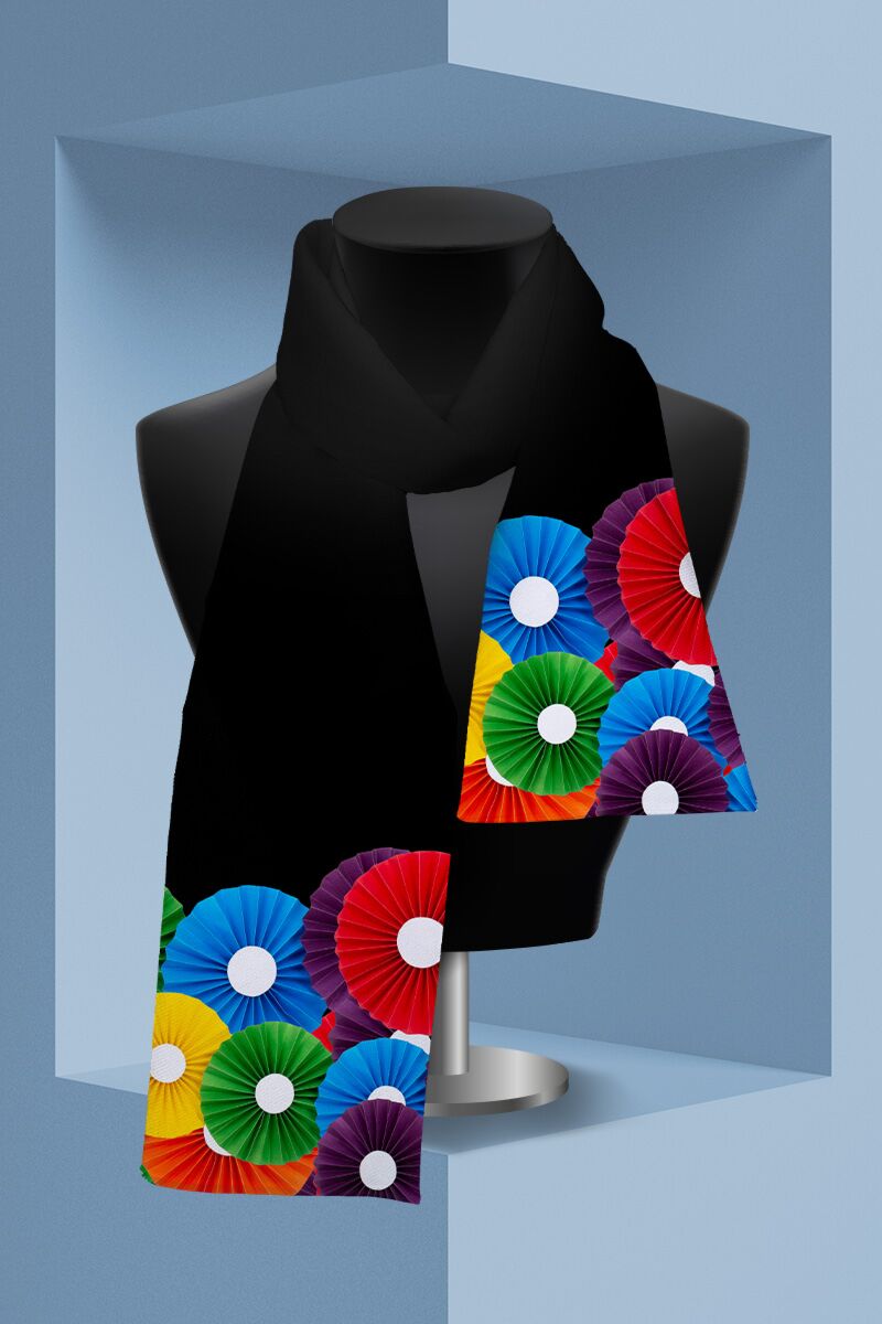 Esarfa neagra subtire imprimata cu model Floral multicolor  CMD3350