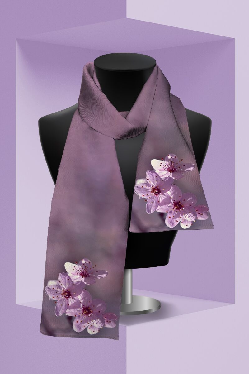 Esarfa DAMES subtire violet imprimata cu model Flori de cires 