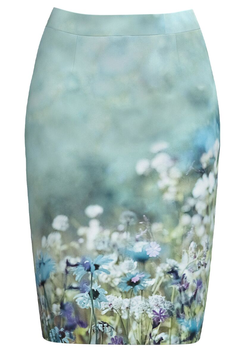 Fusta conica bleu imprimata cu model floral   CMD3839