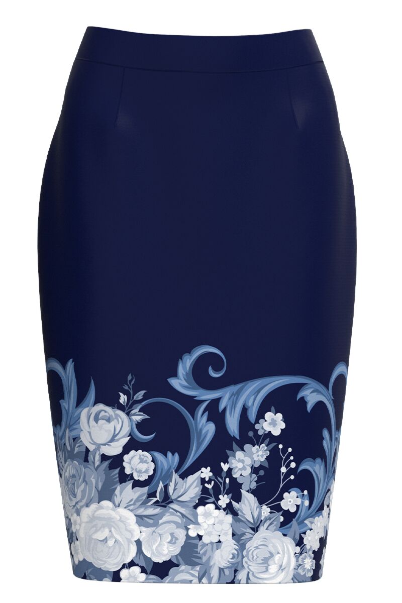 Fusta DAMES conica bleumarin imprimata cu model Floral