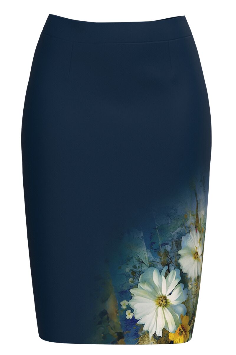 Fusta DAMES conica bleumarin imprimata cu model floral 
