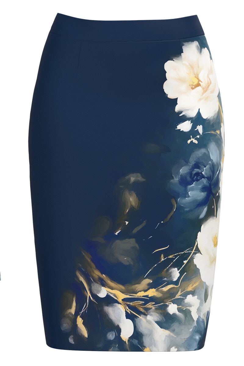 Fusta conica bleumarin imprimata cu model floral  CMD4183