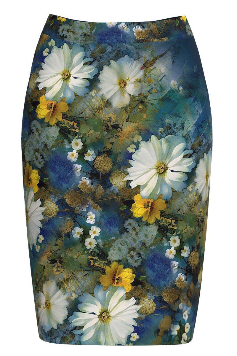 Fusta conica bleumarin imprimata cu model floral  CMD4677