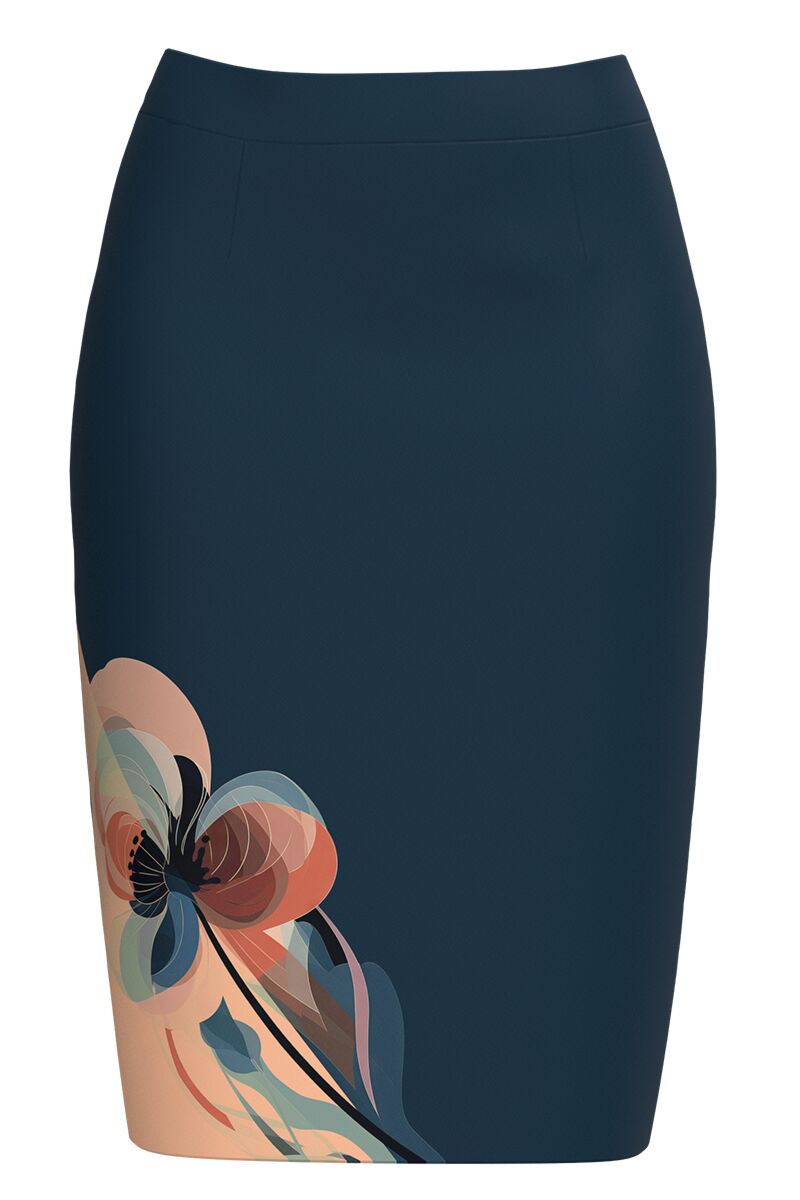 Fusta conica bleumarin imprimata cu model floral Peach Fuzz   CMD5035