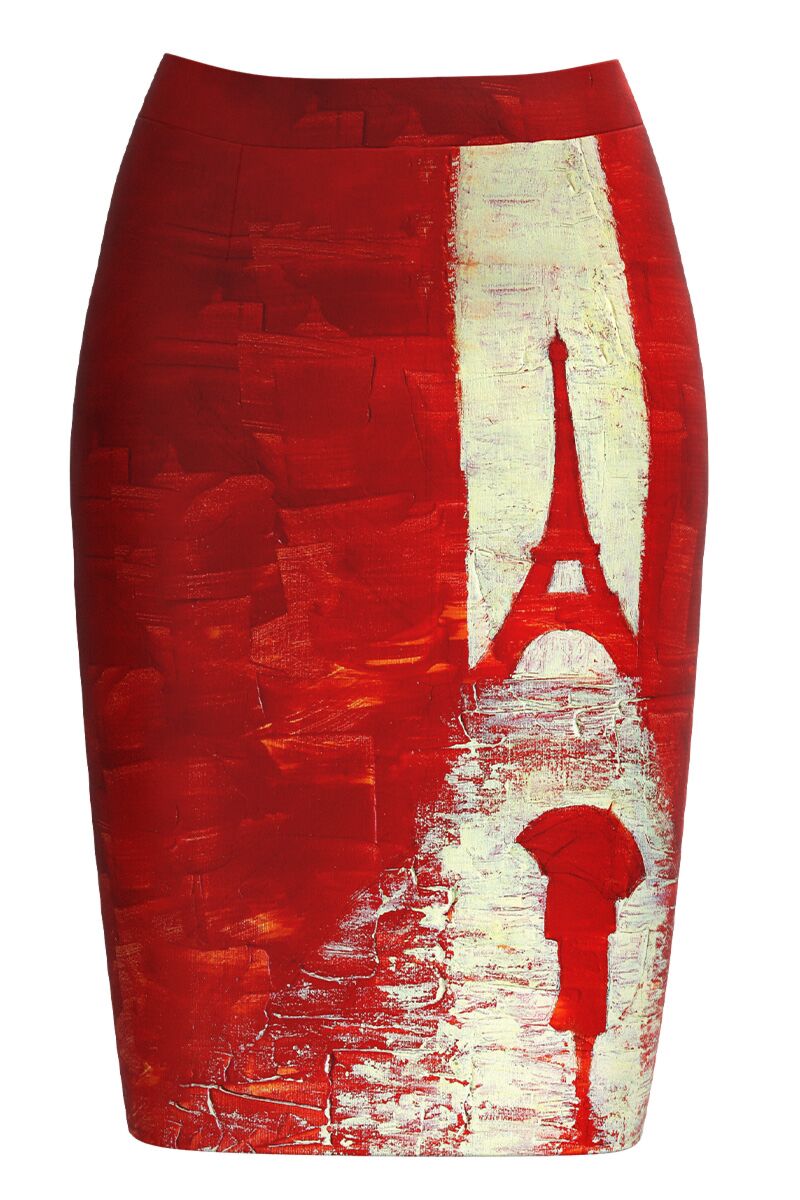 Fusta DAMES conica in nuante de rosu imprimata cu model Paris 