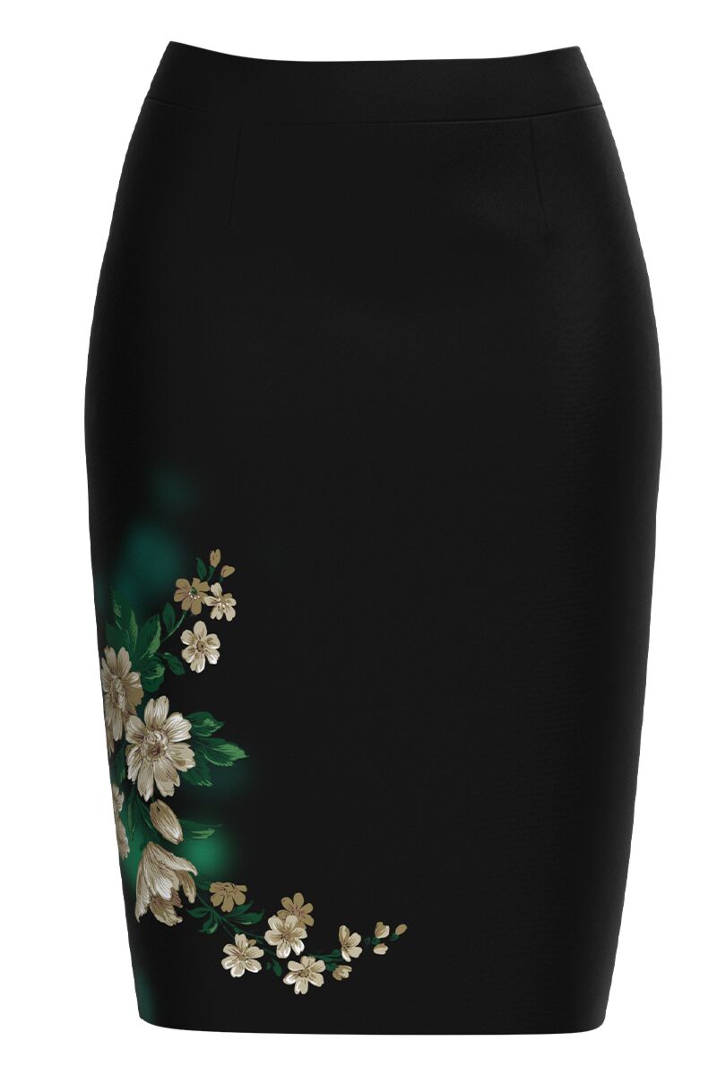 Fusta conica neagra imprimata cu model floral  CMD2688