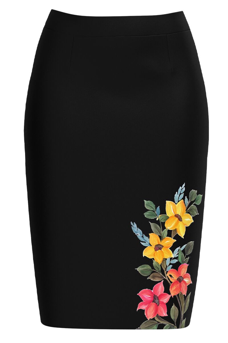 Fusta conica neagra imprimata cu model floral  CMD3879