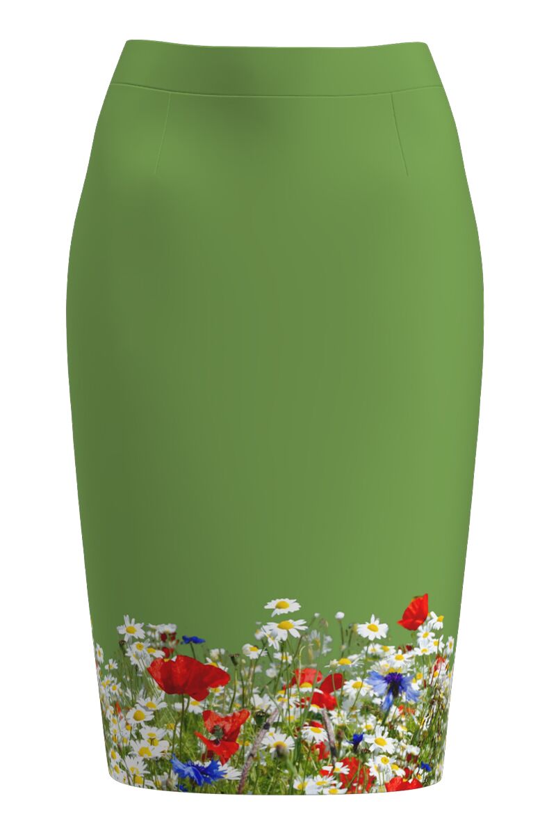 Fusta  DAMES conica verde imprimata cu model Flori de camp 