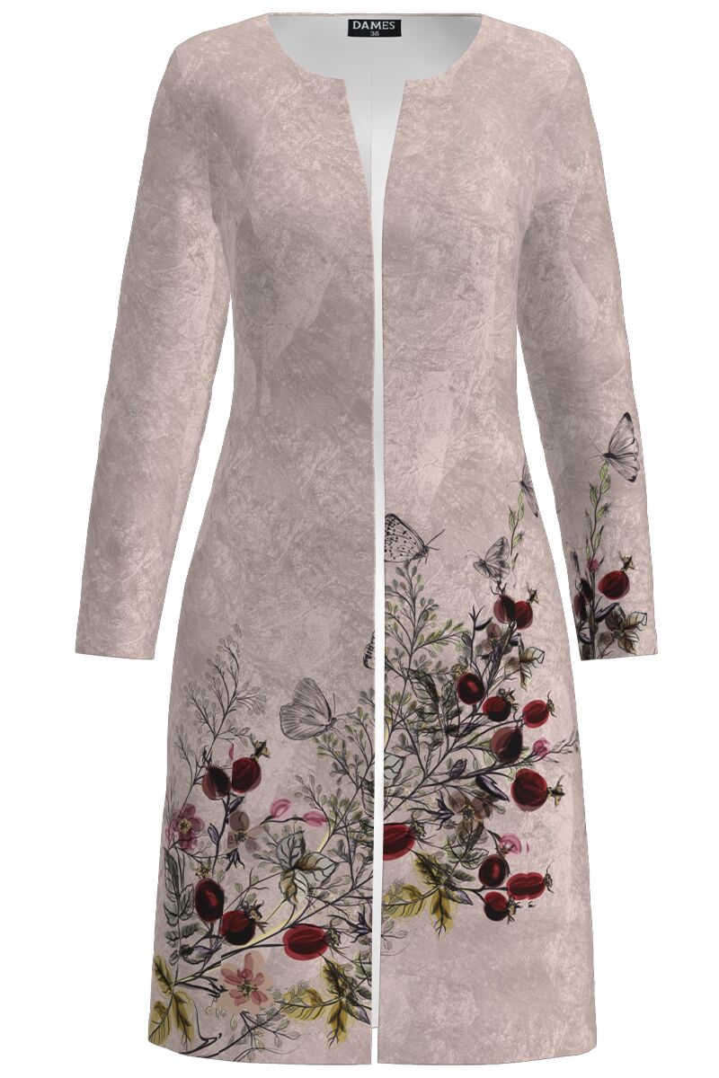 Jacheta de dama bej lunga imprimata cu model floral CMD1793