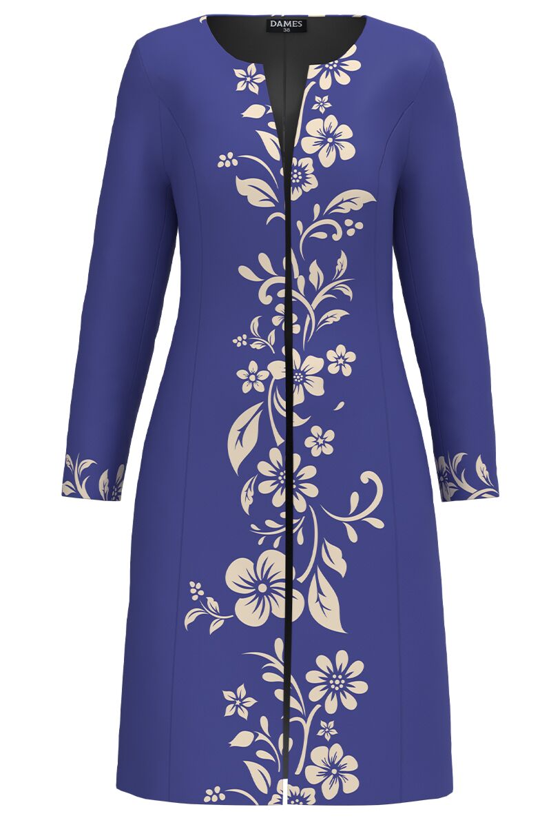 Jacheta de dama albastru violet lunga imprimata cu model floral CMD4684
