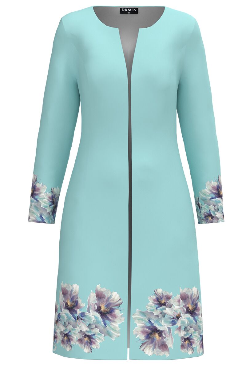 Jacheta de dama bleu lunga imprimata cu model floral  CMD4031