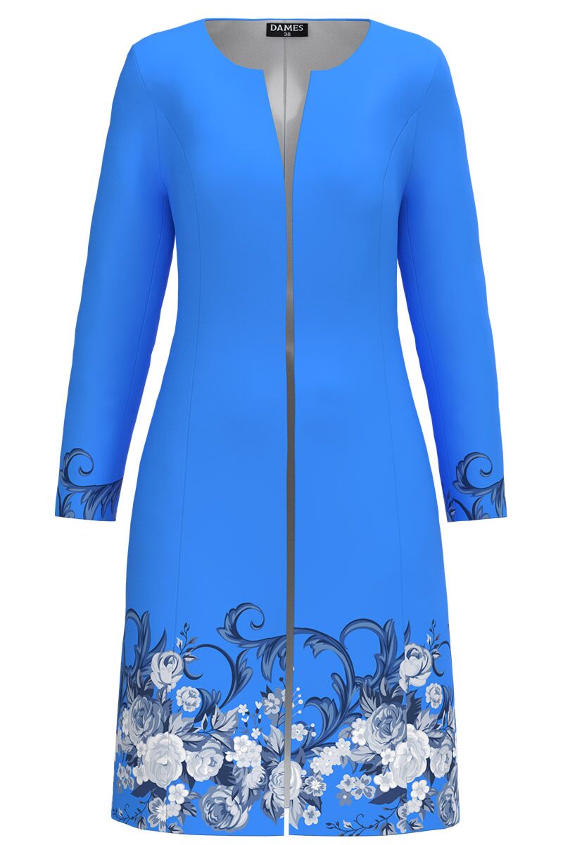 Jacheta de dama bleu lunga imprimata cu model floral  CMD4874