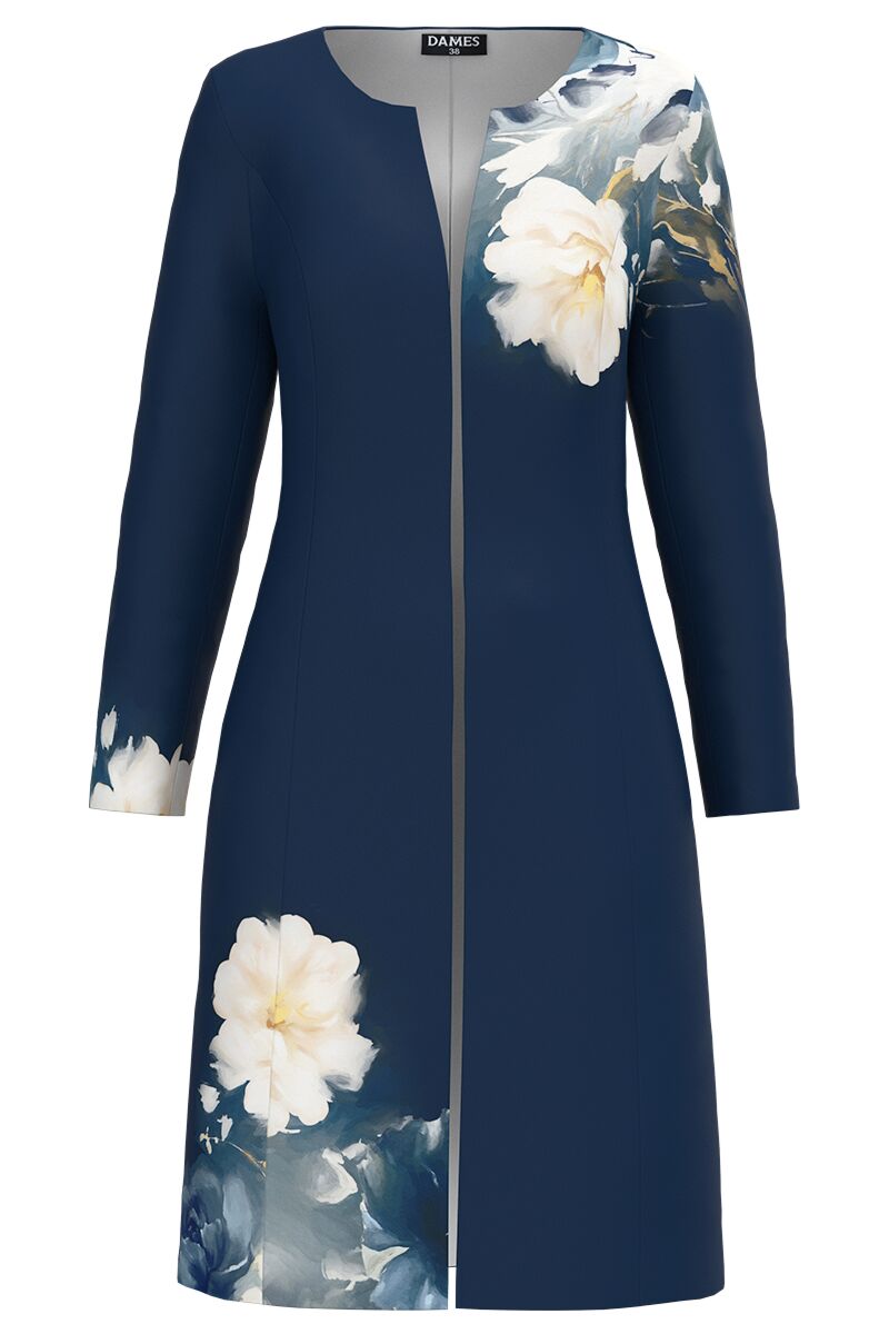 Jacheta de dama bleumarin lunga cu model floral  CMD4181