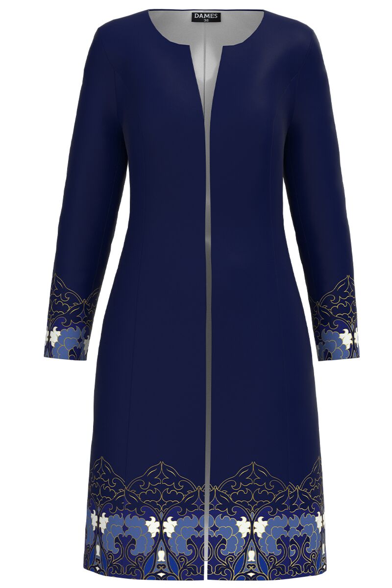 Jacheta de dama bleumarin lunga imprimata cu model floral CMD3010