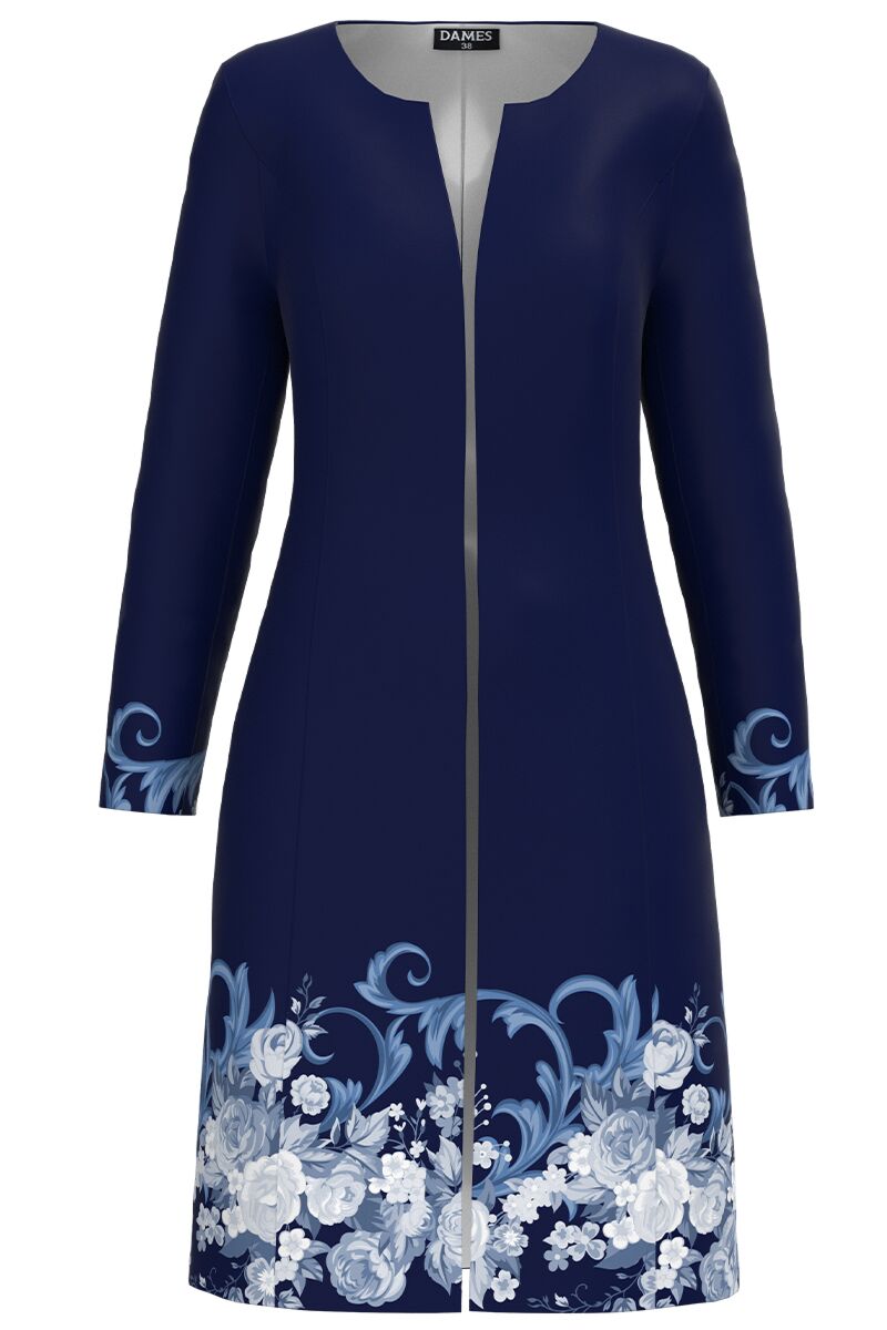 Jacheta de dama bleumarin lunga imprimata cu model floral CMD3012